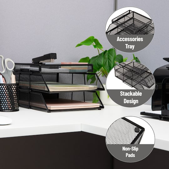 Mind Reader 2 Tier Paper Tray with Top Supply Compartment, Desktop File Organizer, Metal Mesh, Black